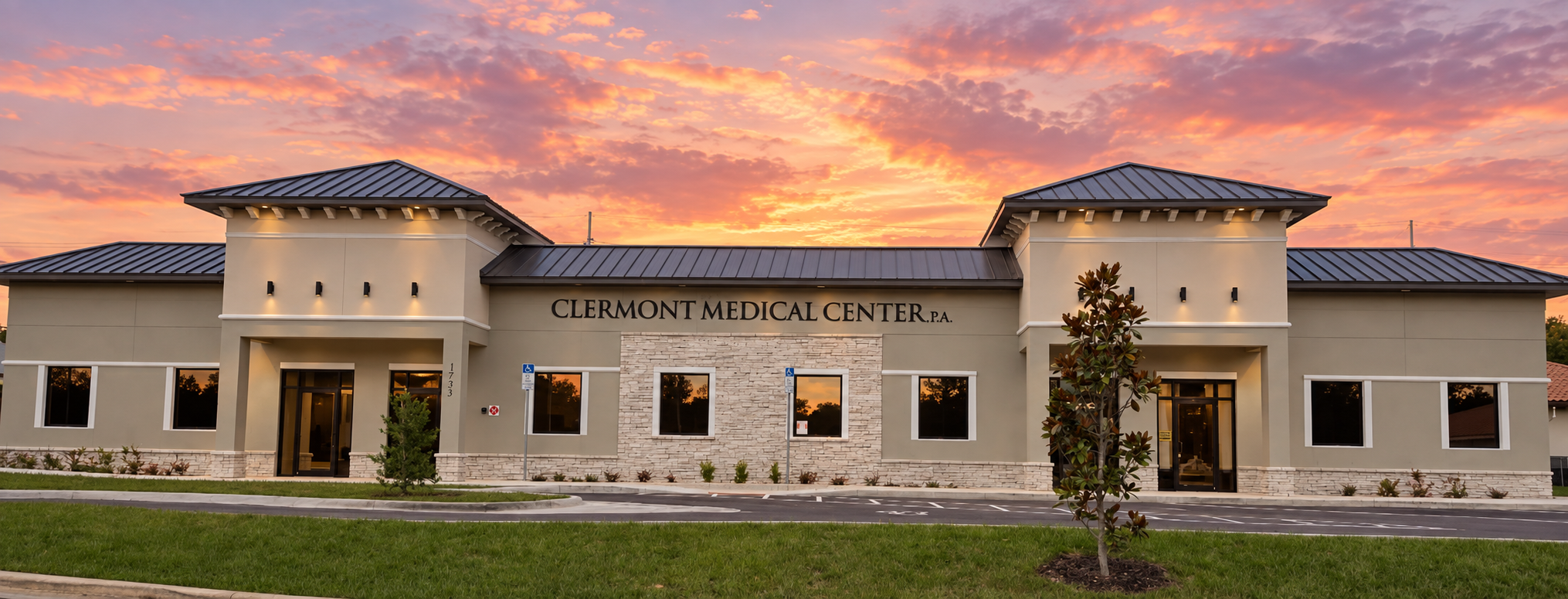 Clermont Medical Center building with a sunset sky